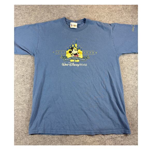 VINTAGE Walt Disney World 50th Anniversary Mickey Mouse Shirt Mens Blue Graphic - Picture 1 of 4